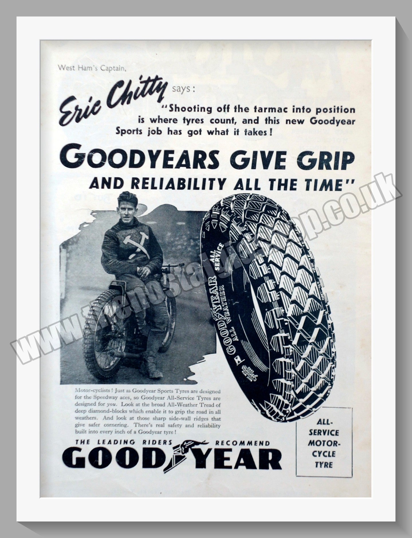 Goodyear Motorcycle Tyres. Rider Eric Chitty. Original Advert 1947 (re