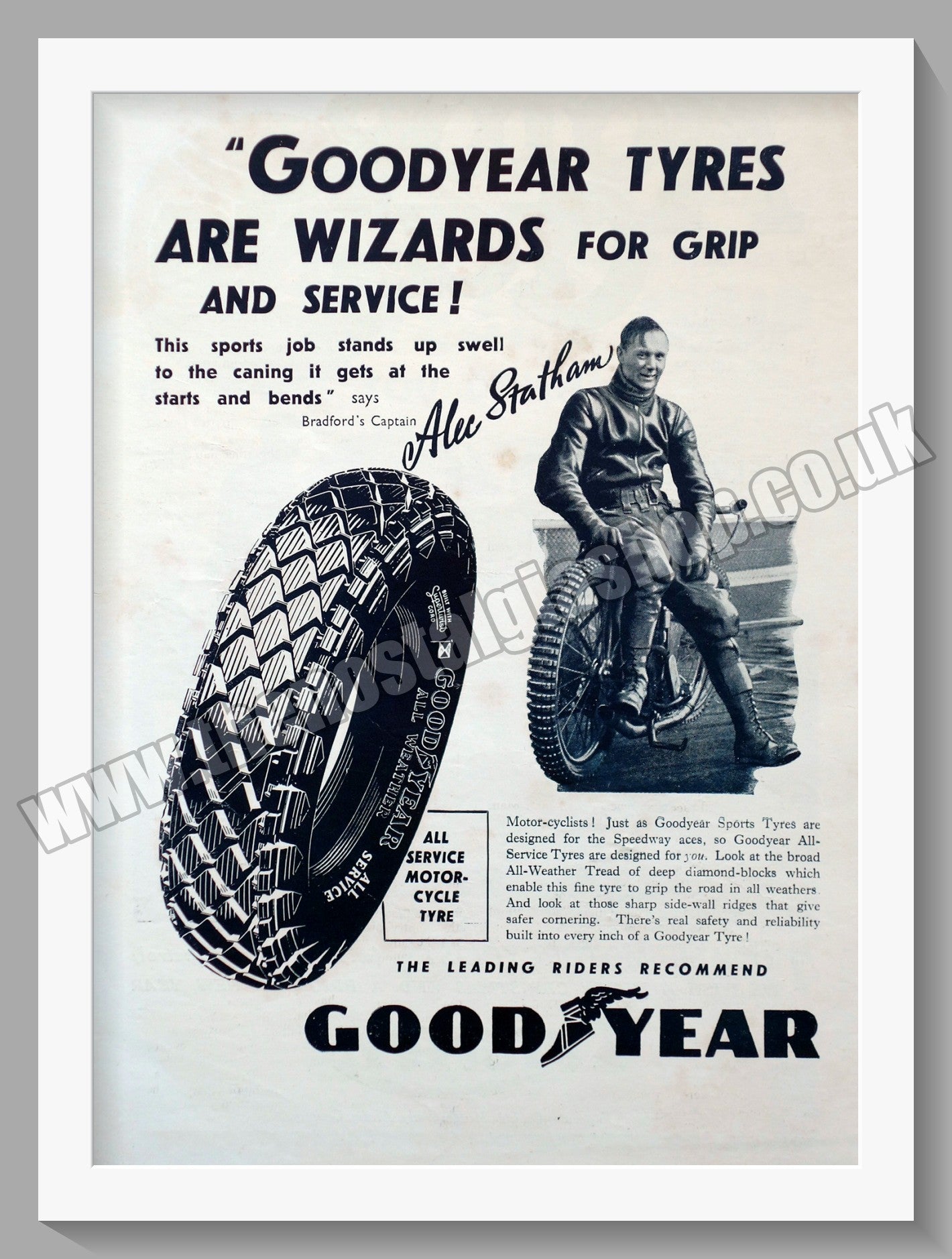 Goodyear Motorcycle Tyres. Rider Alec Statham. Original Advert 1947 (r