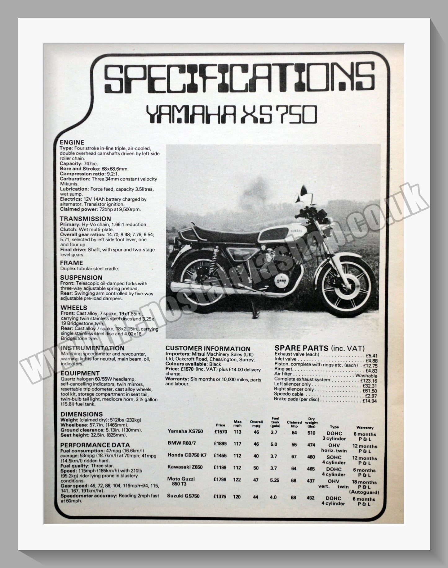 Yamaha XS750 Motorcycle Specifications. Original Advert 1978 (ref AD57818)