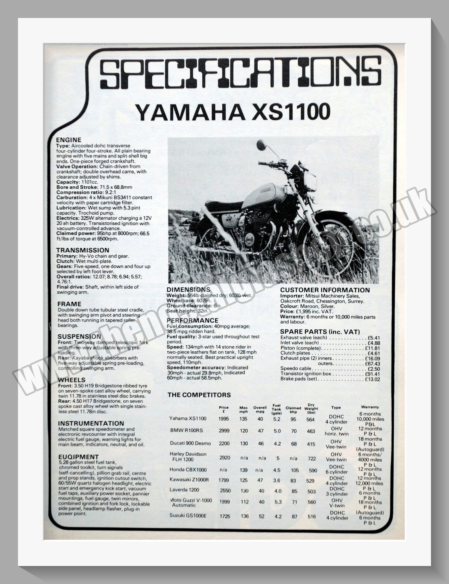Yamaha XS1100 Motorcycle. Specifications. Original Advert 1978 (ref AD57822)