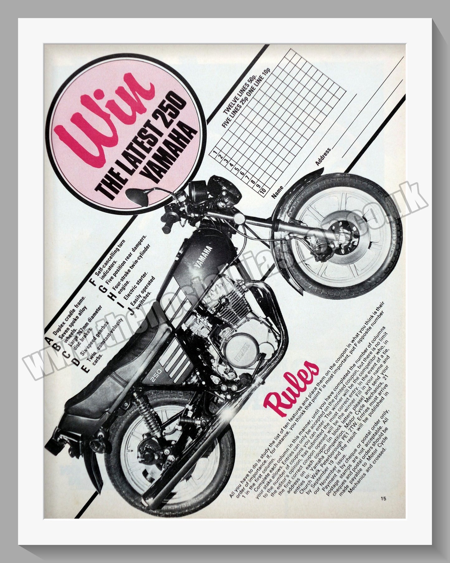 Yamaha 250 Motorcycle. Original Advert 1977 (ref AD57861)
