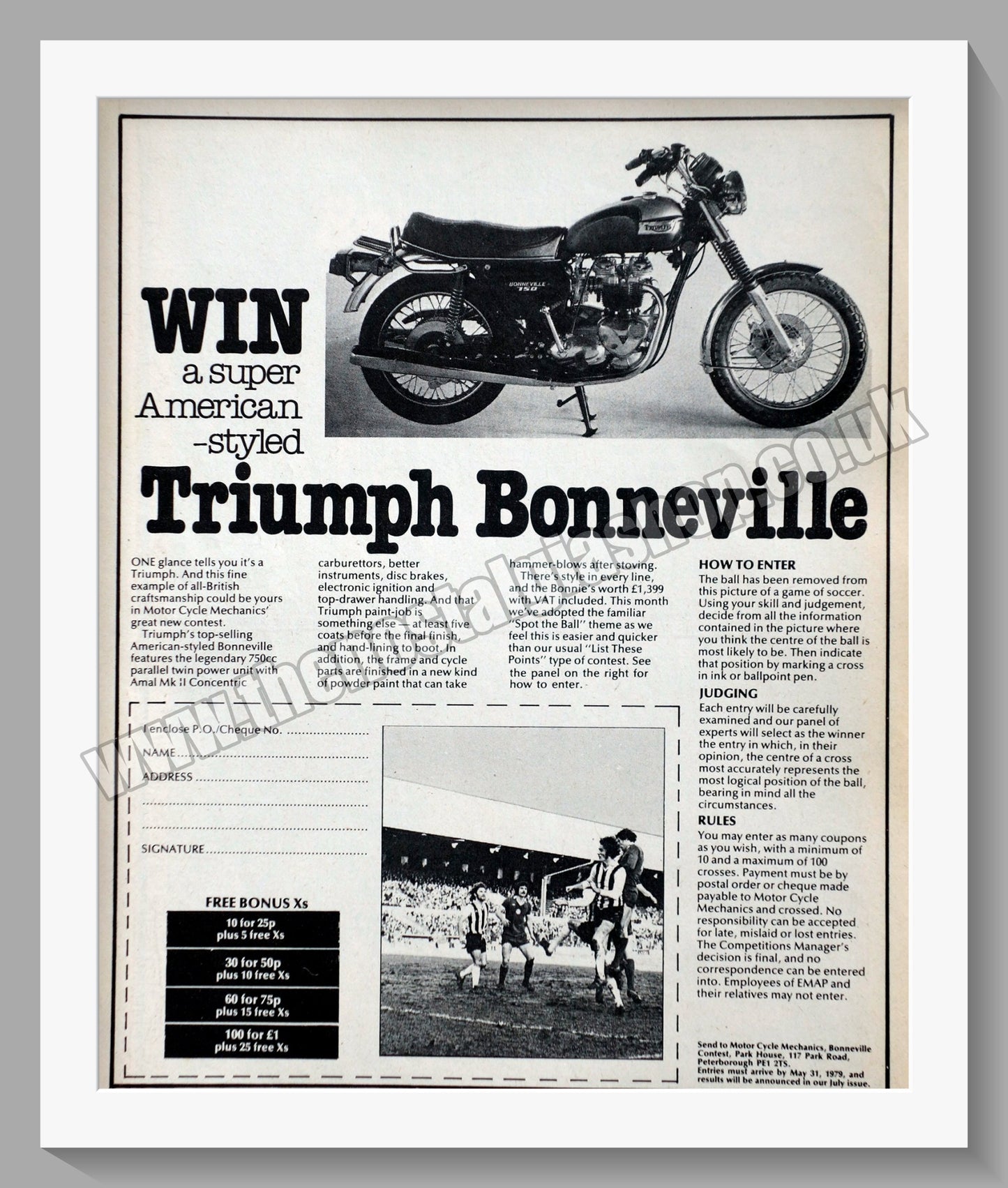 Triumph Bonneville Motorcycle (Win One!!) Original advert 1979 (ref AD57881)