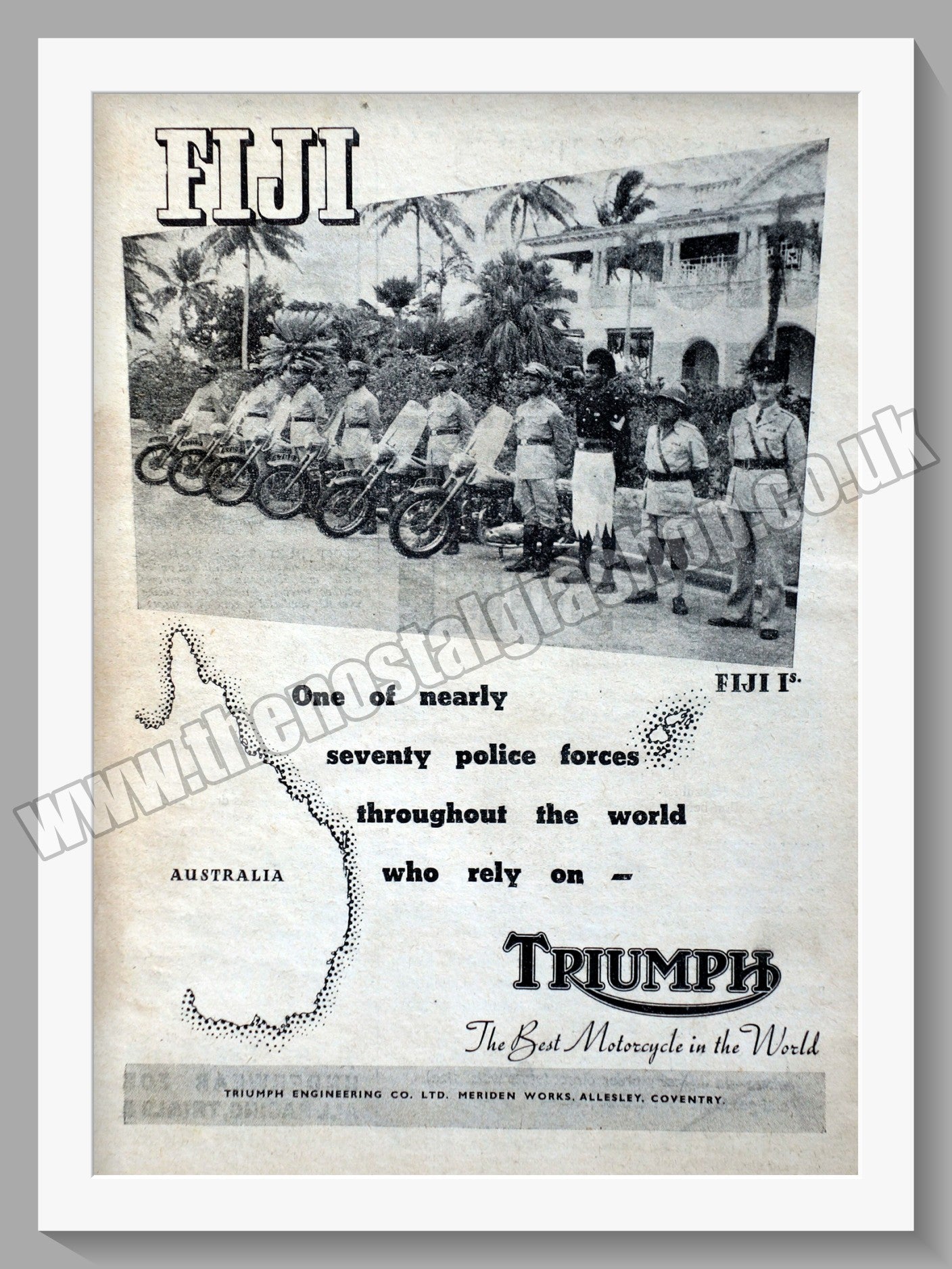 Triumph Motorcycles for the Police in Figi. Original advert 1951 (ref AD57896)
