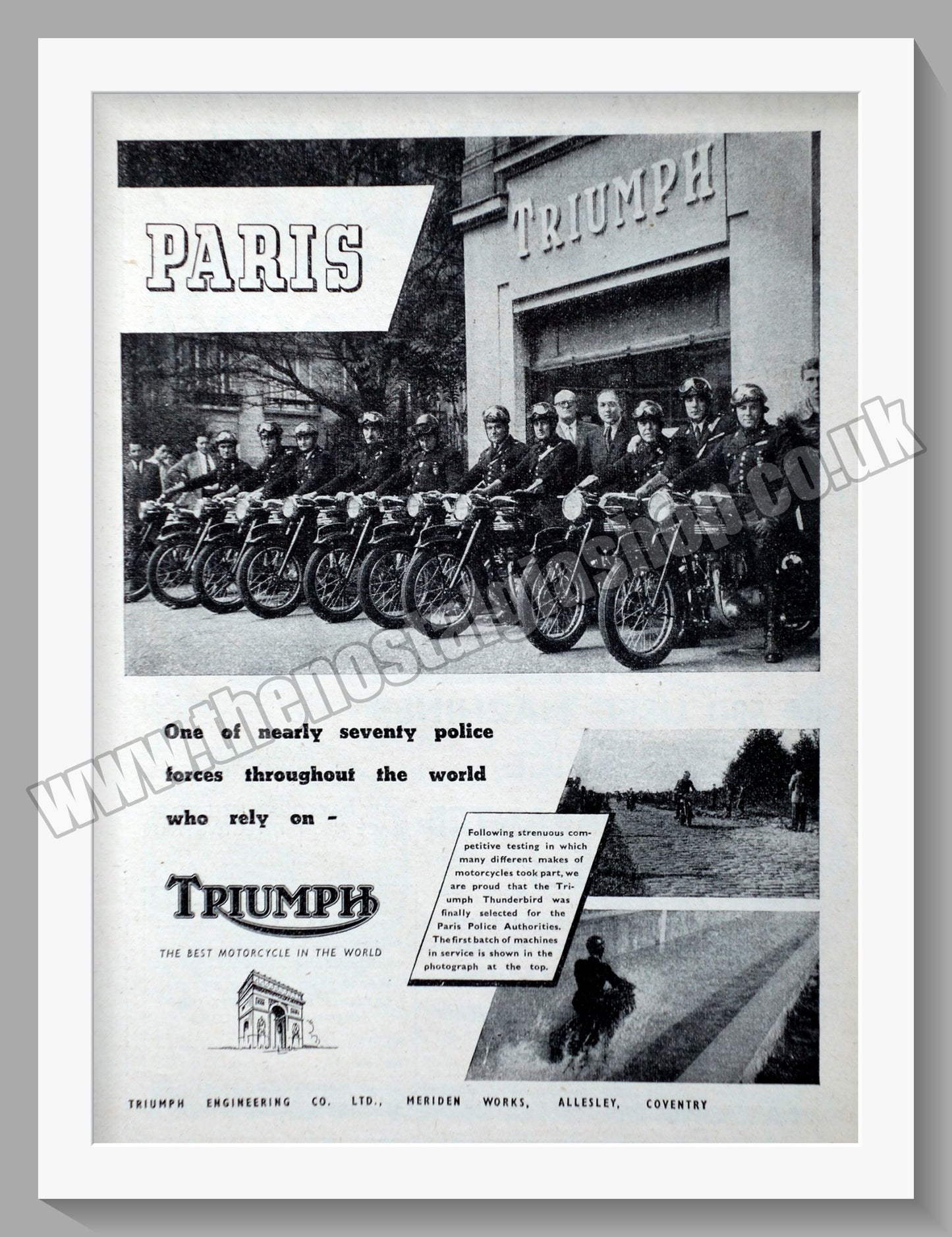 Triumph Motorcycles for the Police in Paris. Original advert 1951 (ref AD57898)
