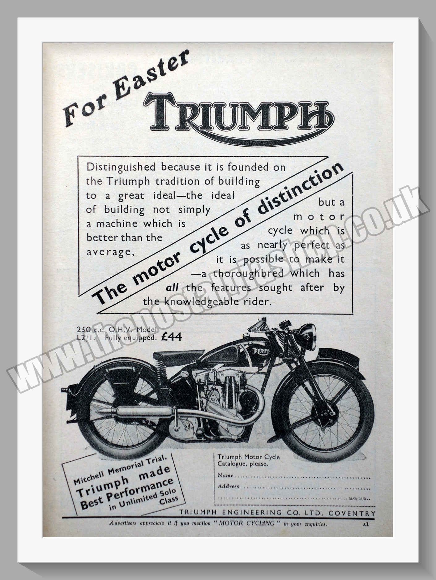 Triumph 250cc Motorcycles. Original advert 1936 (ref AD57910)