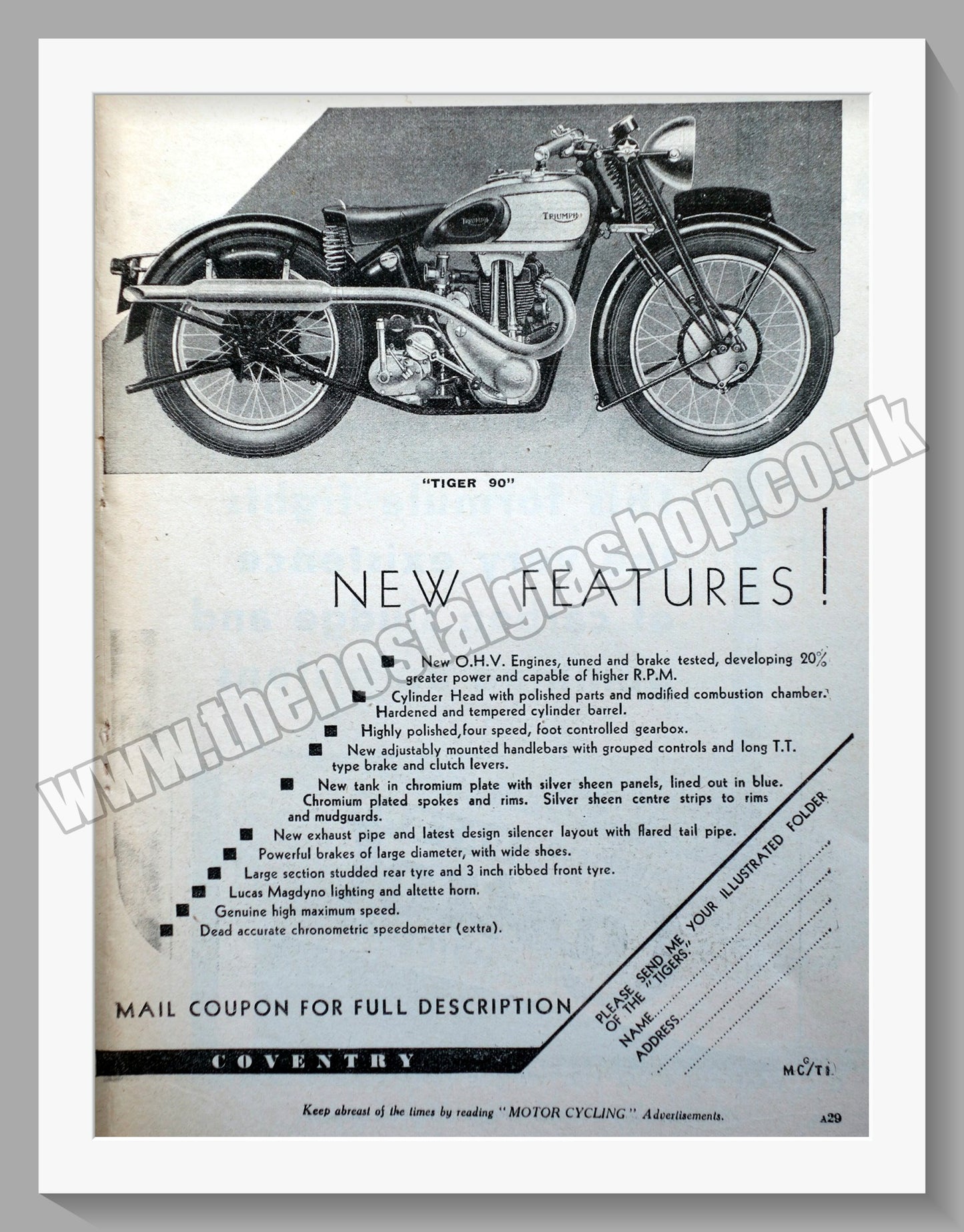 Triumph Tiger 90 Motorcycle. Original advert 1936 (ref AD57923)