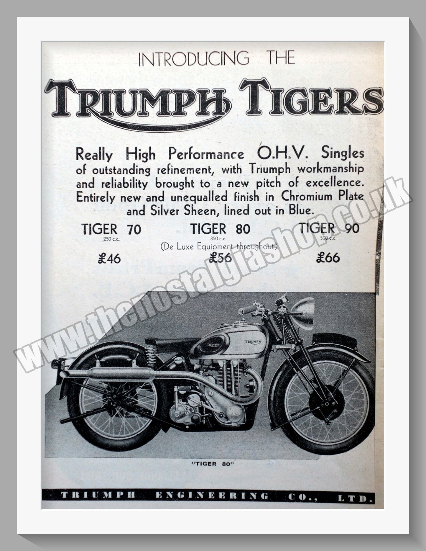 Triumph Tiger Motorcycles. Original advert 1936 (ref AD57924)