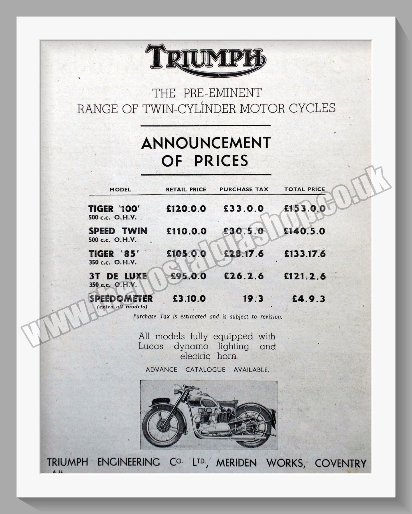 Triumph Motorcycles Price List. Original advert 1945 (ref AD57929)