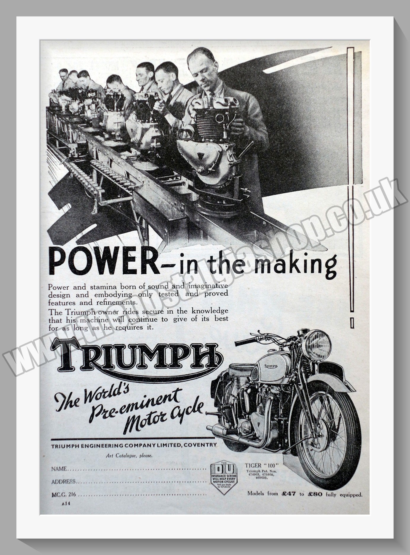 Triumph Motorcycles. Original advert 1939 (ref AD57936)
