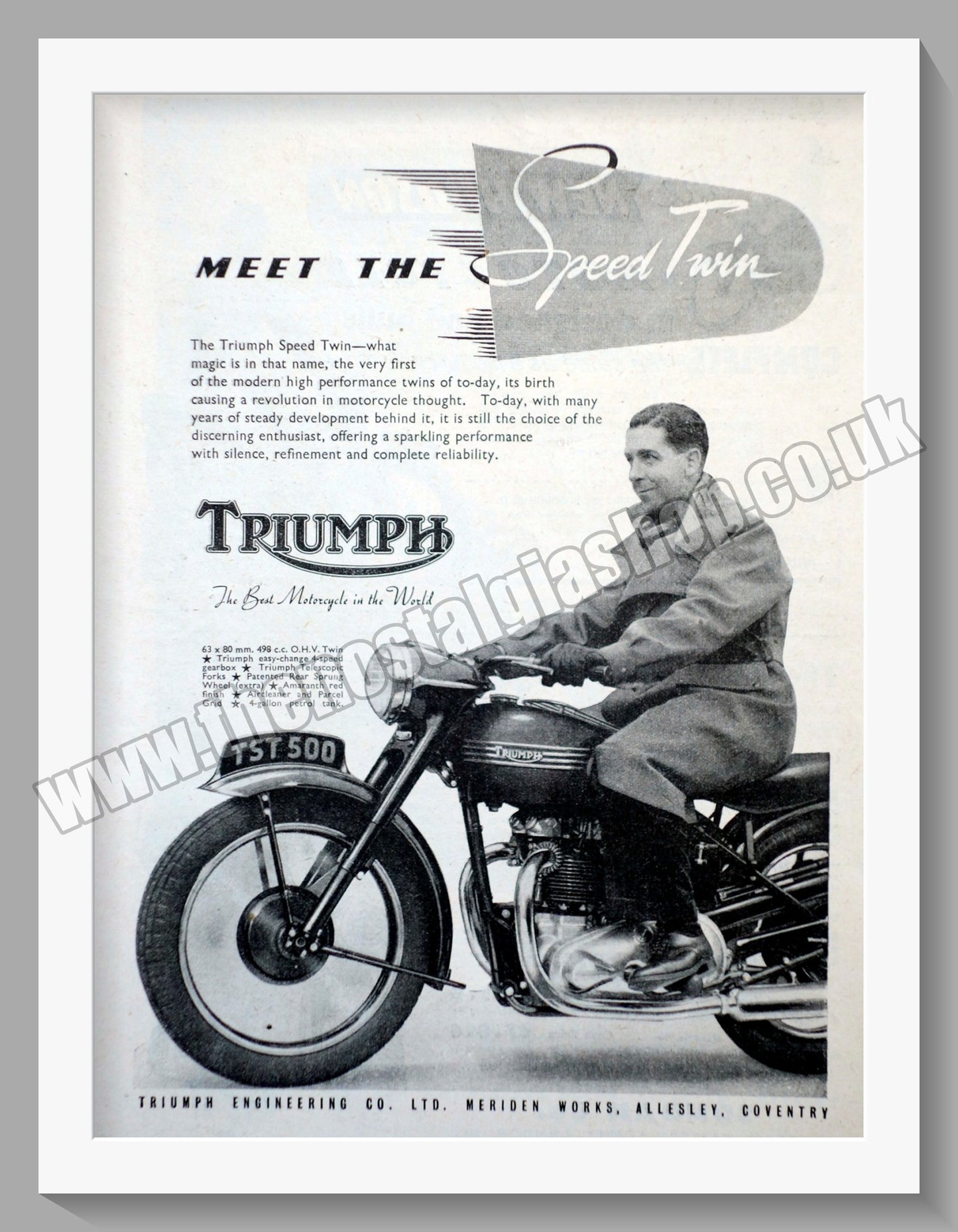 Triumph Speed Twin Motorcycles. Original advert 1952 (ref AD57940)