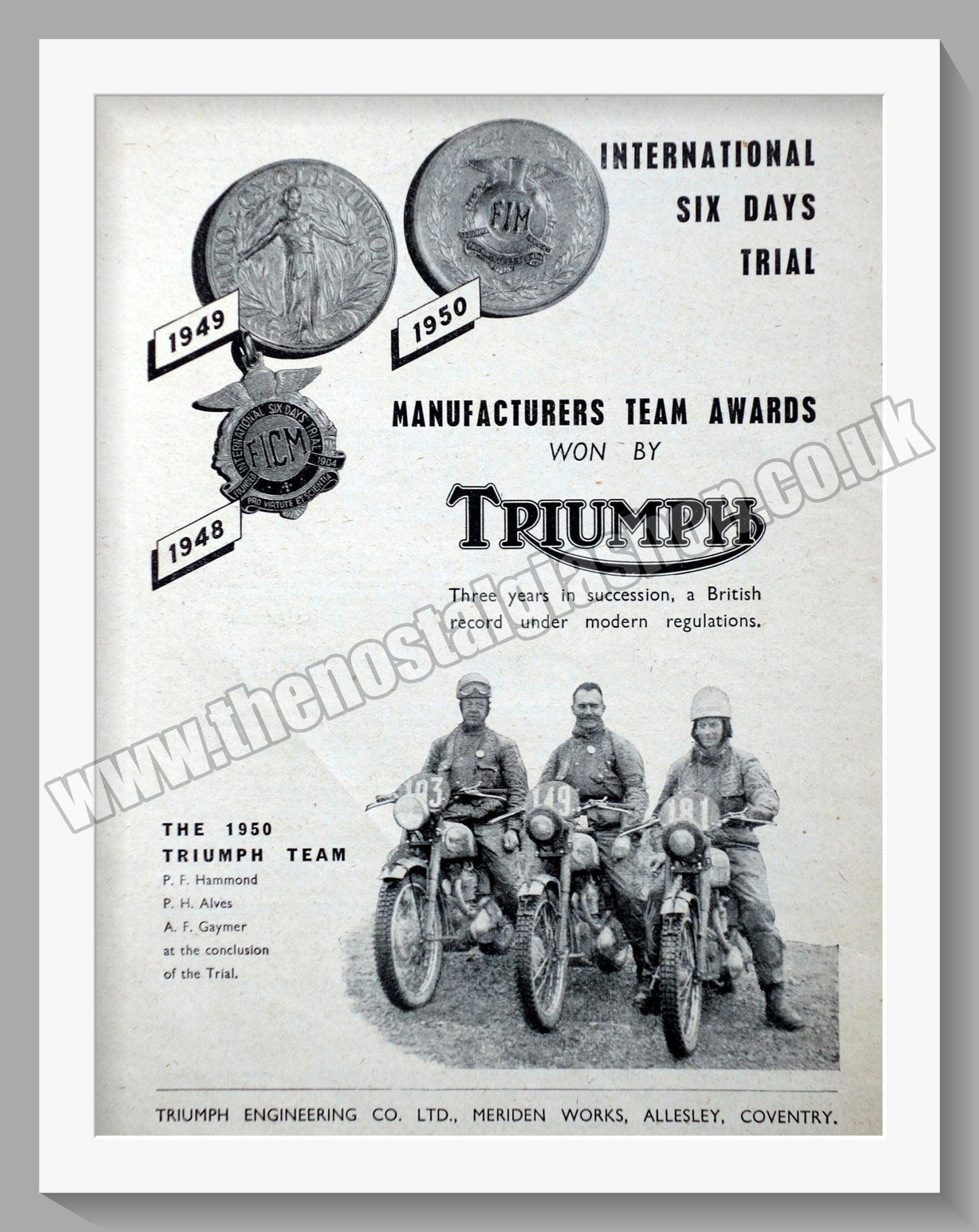 Triumph Motorcycles. Original advert 1950 (ref AD57981)