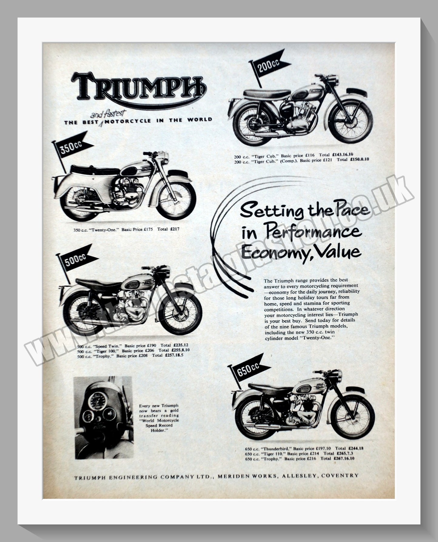Triumph Motorcycles Range. Original advert 1957 (ref AD57995)