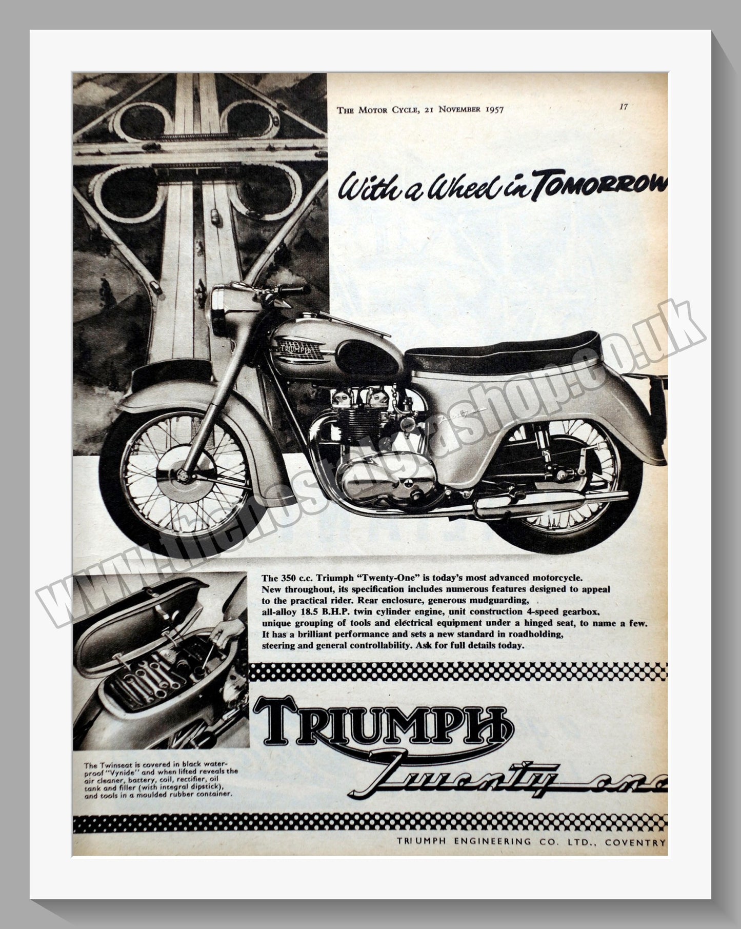 Triumph Twenty One Motorcycles. Original advert 1957 (ref AD58013)