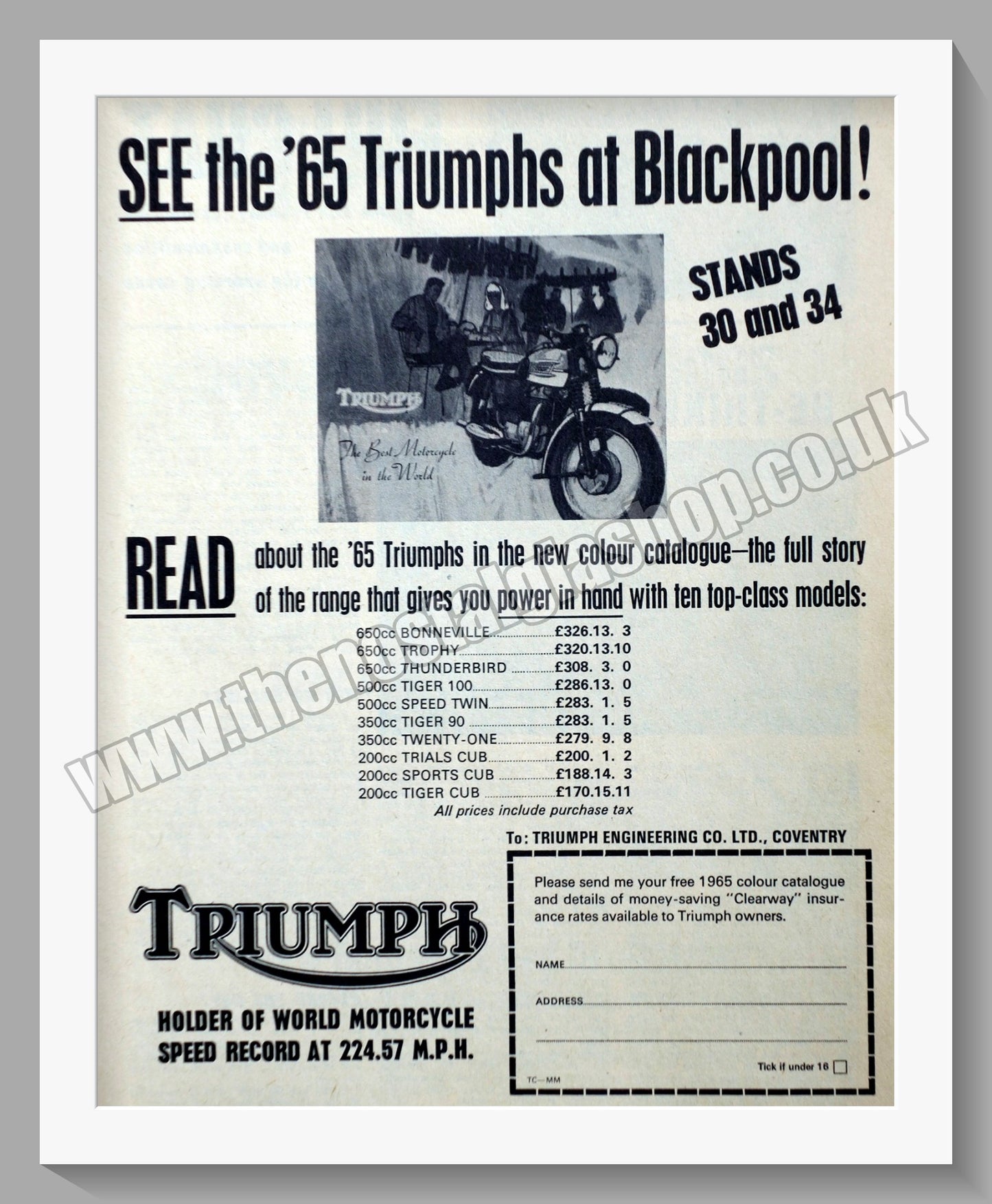 Triumph Motorcycles At Blackpool. Original advert 1965 (ref AD58021)
