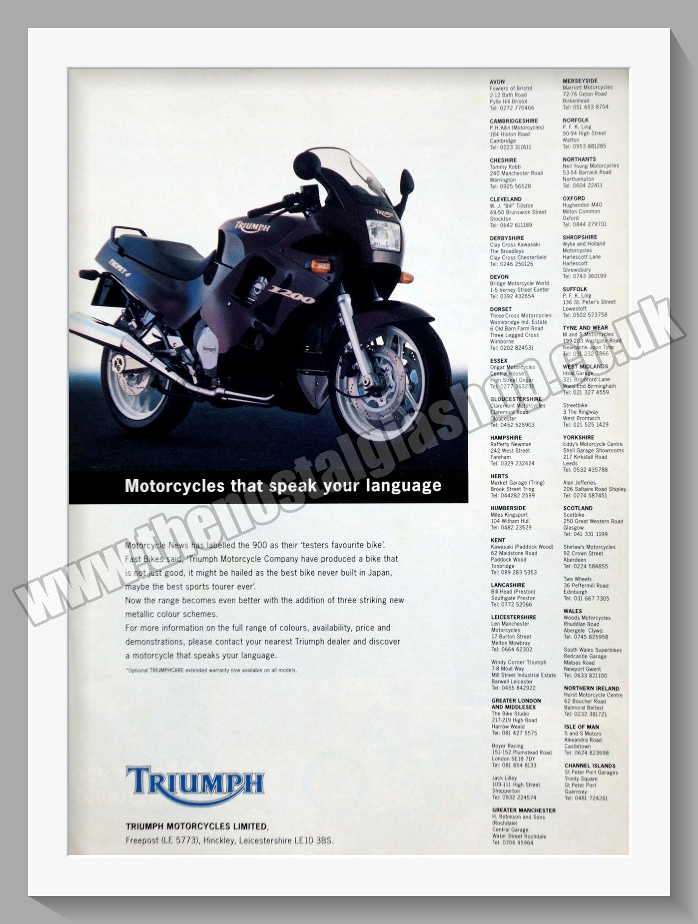 Triumph Motorcycles. Original advert 1992 (ref AD58036)