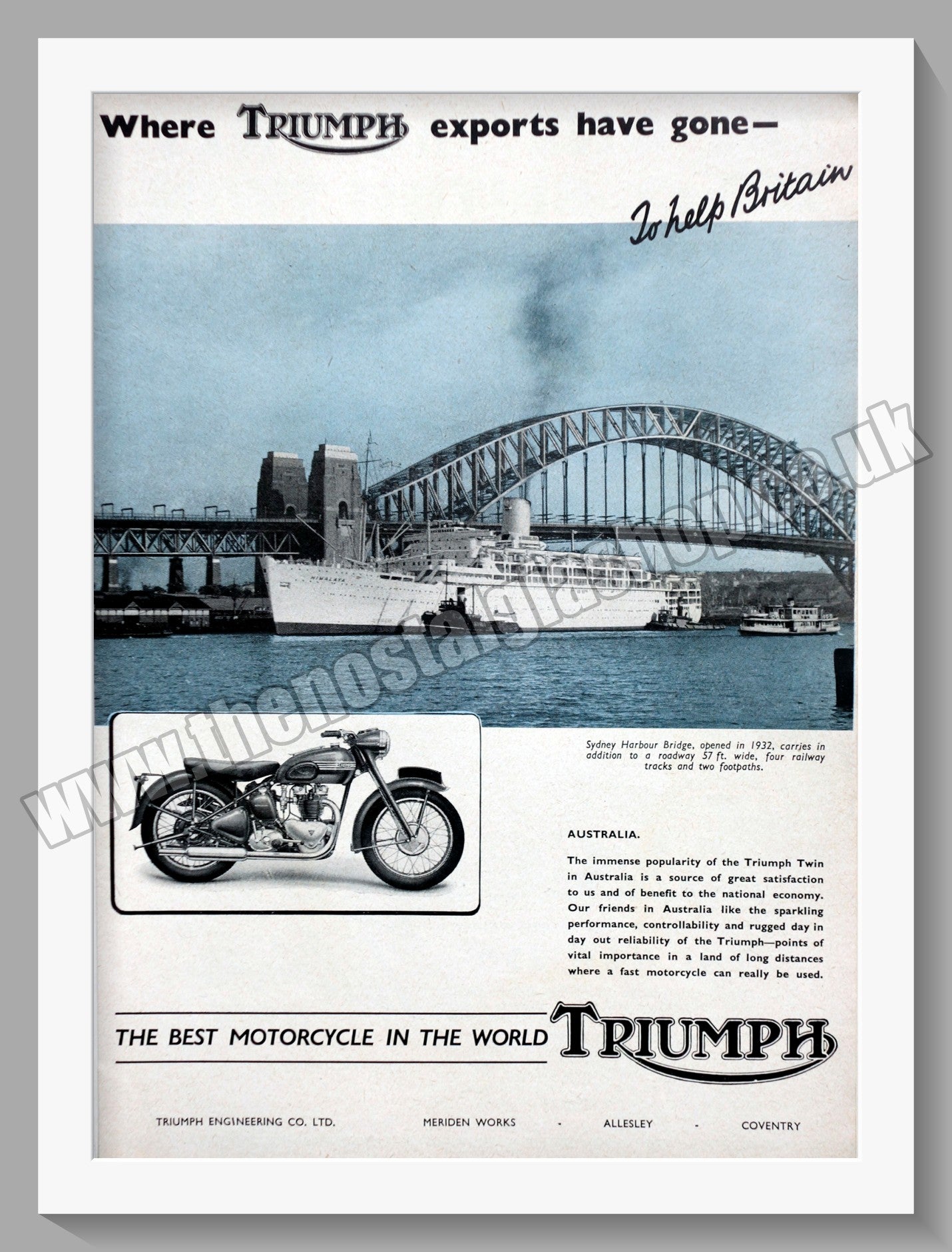 Triumph Motorcycles Twin In Australia. Original advert 1950 (ref AD58046)