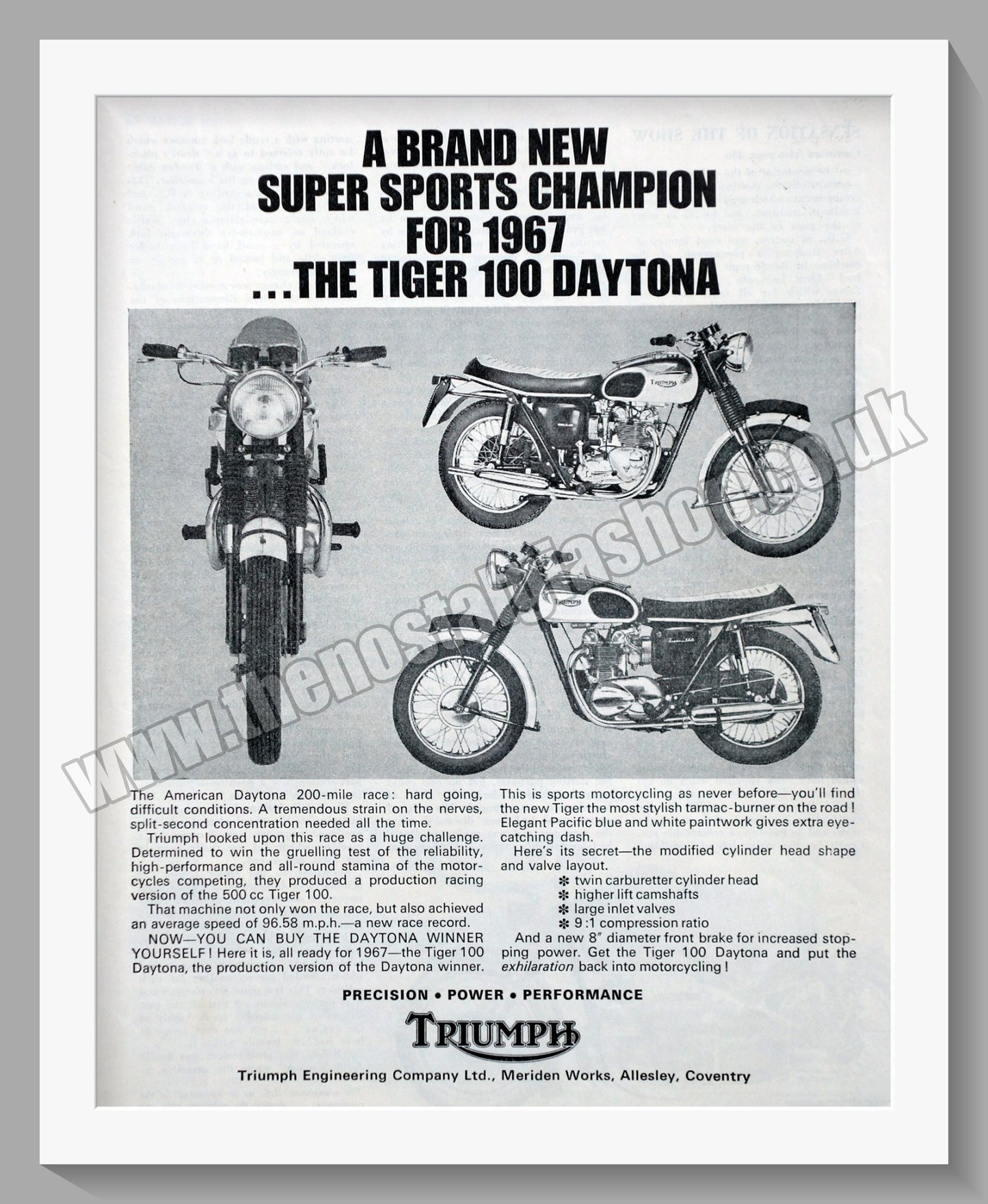 Triumph Tiger 100 Daytona Motorcycles. Original advert 1966 (ref AD58065)