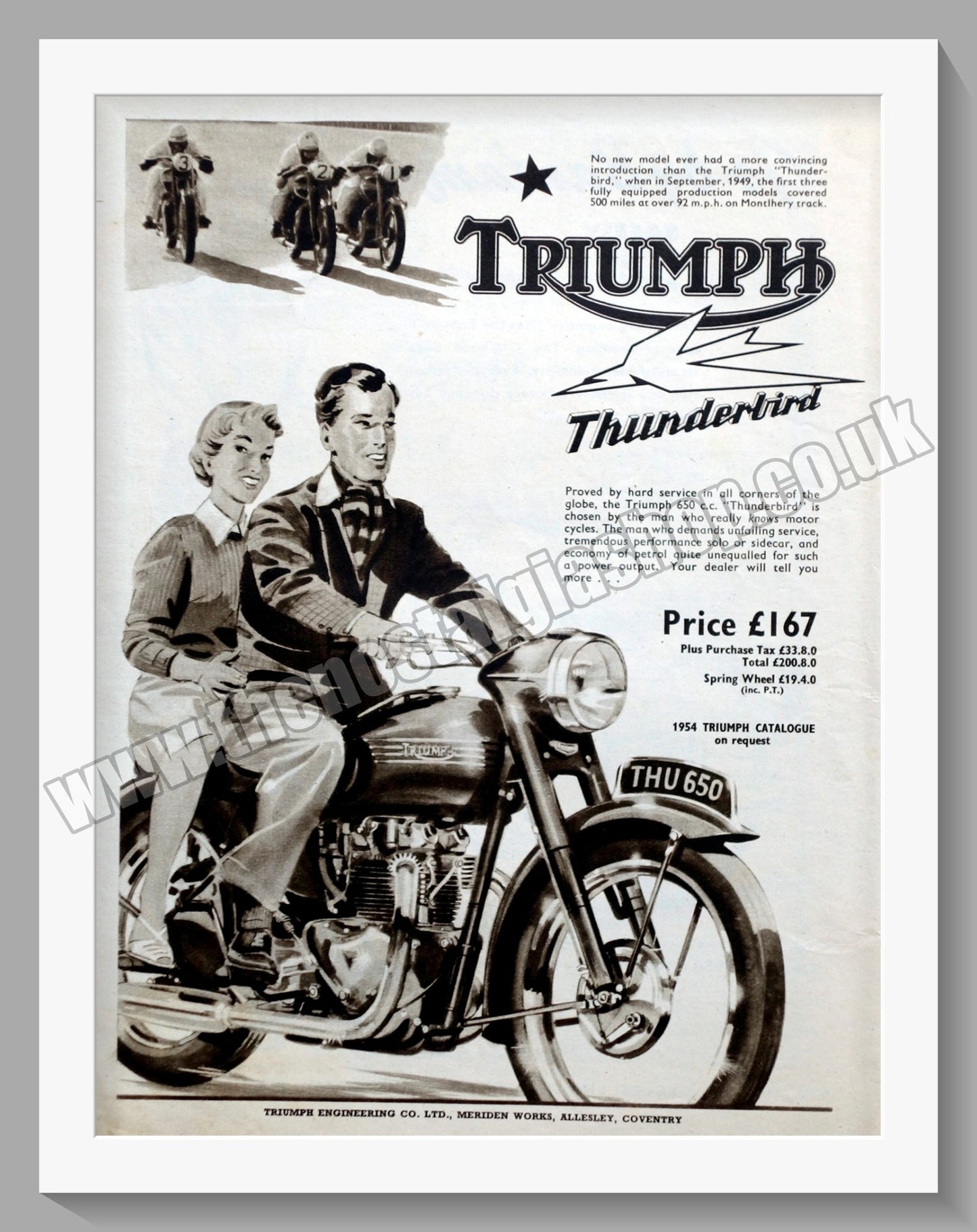 Triumph Thunderbird Motorcycles. Original advert 1954 (ref AD58095)