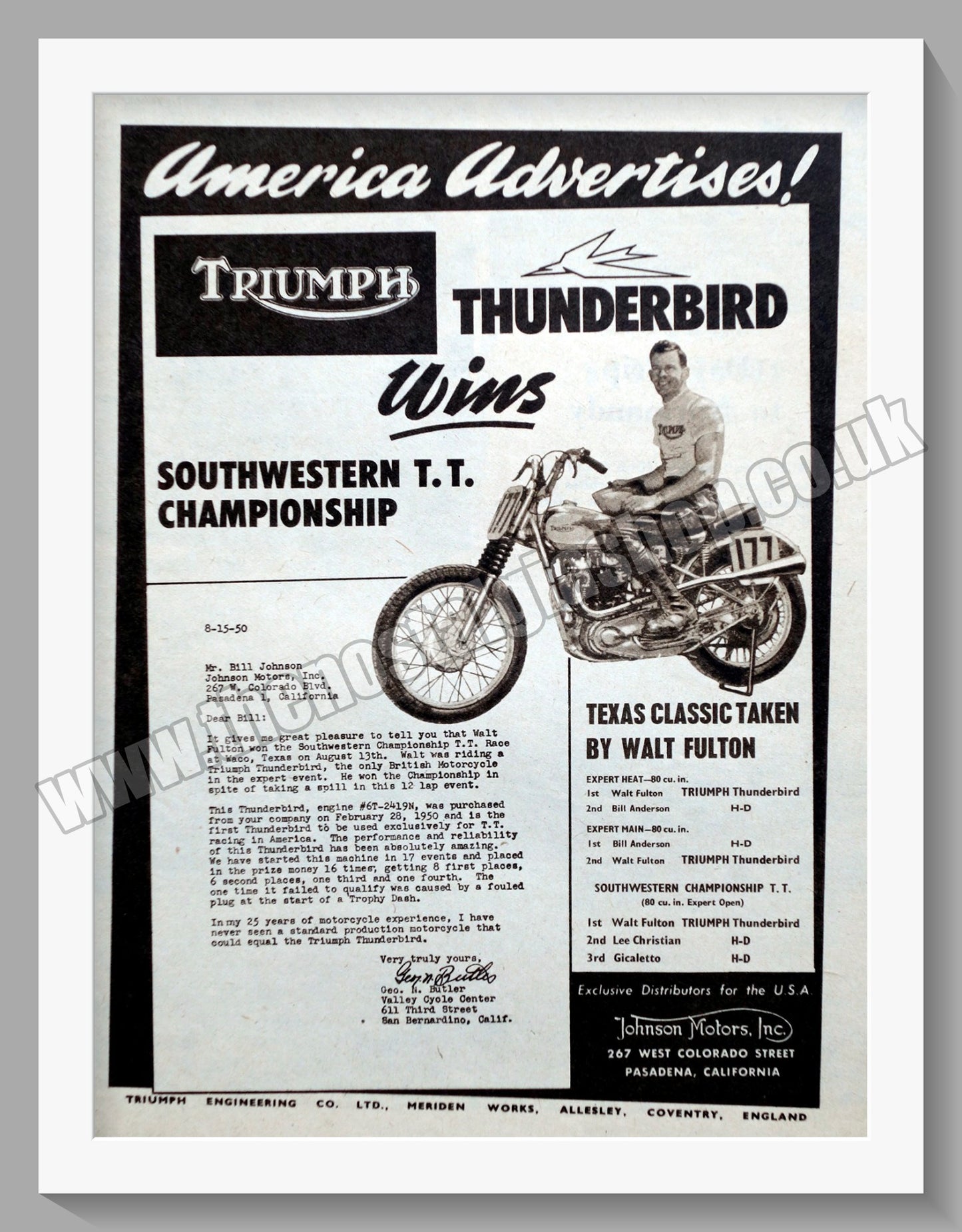 Triumph Thunderbird Motorcycles. Original advert 1950 (ref AD58096)