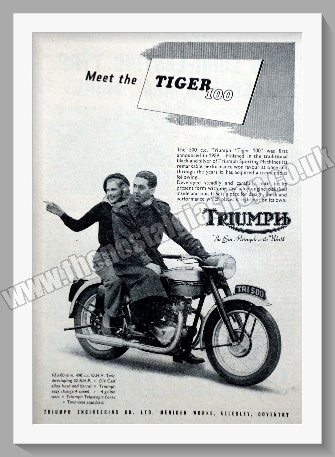 Triumph Tiger 100 Motorcycles. Original advert 1952 (ref AD58115)