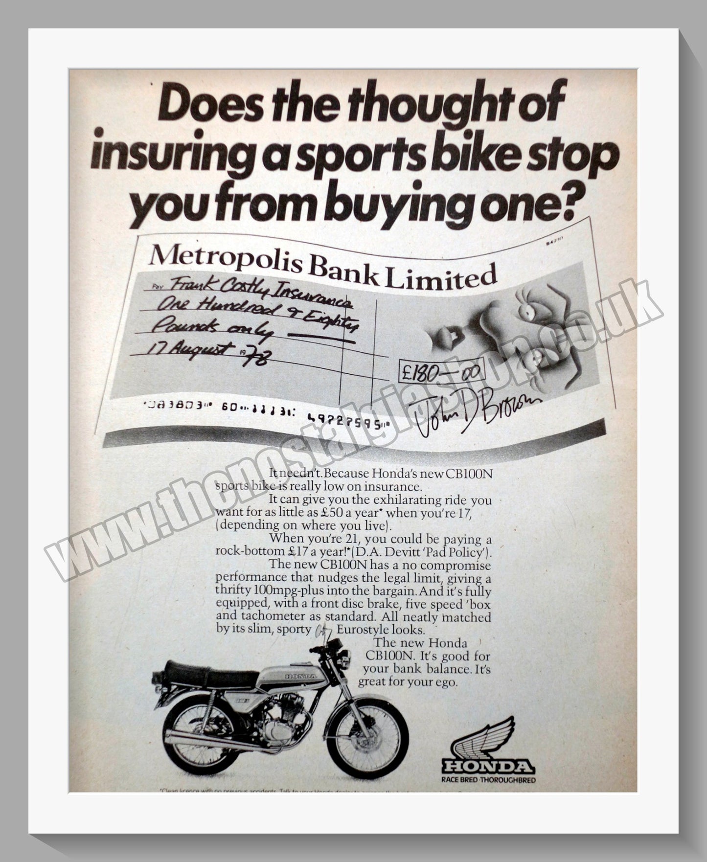 Honda CB100N Motorcycle. 1978 Original advert (ref AD58159)