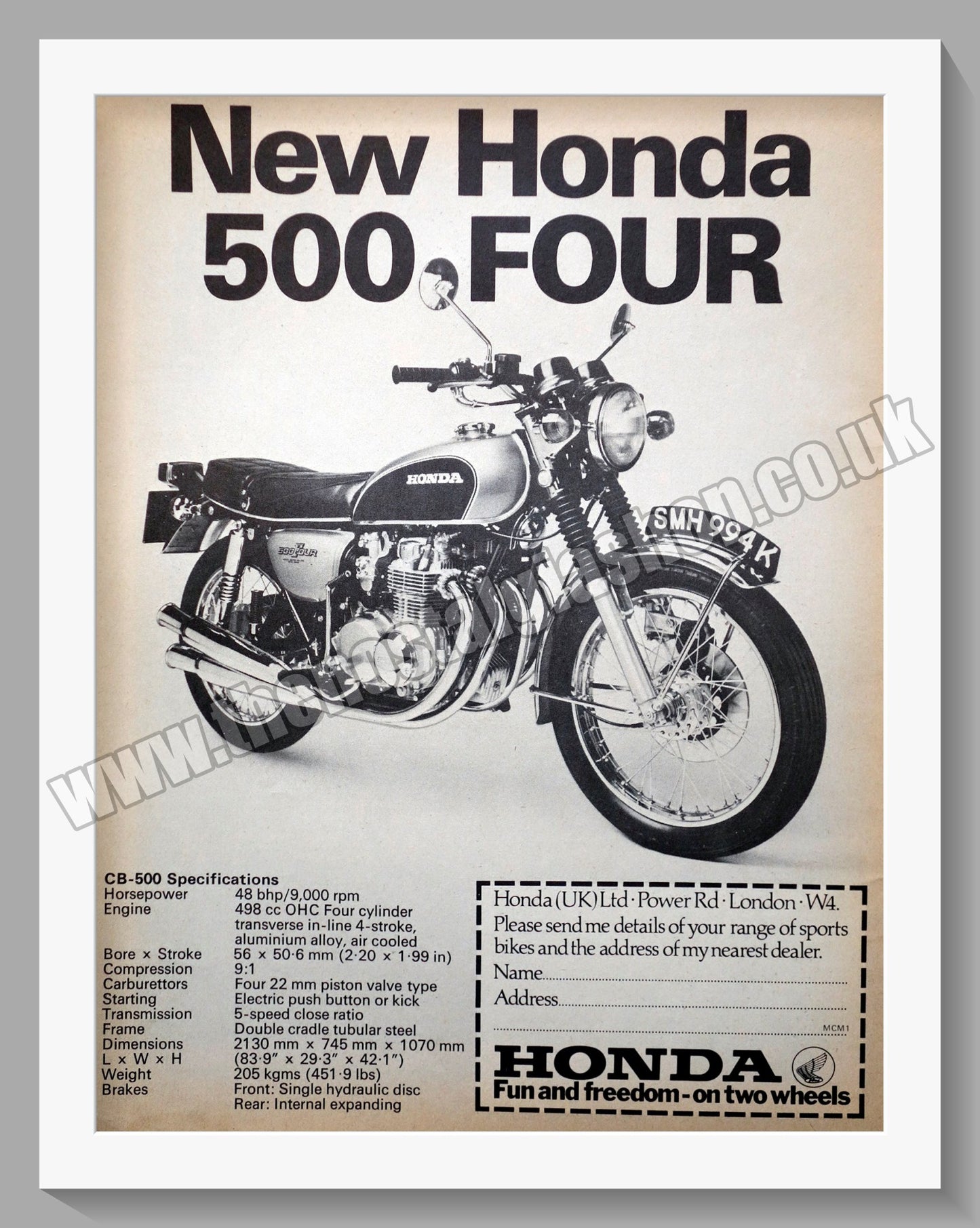 Honda CB500 Motorcycle. 1972 Original advert (ref AD58177)