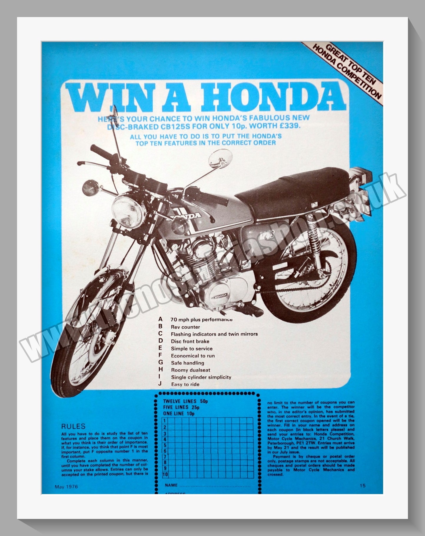 Win A Honda Motorcycle. 1976 Original advert (ref AD58212)