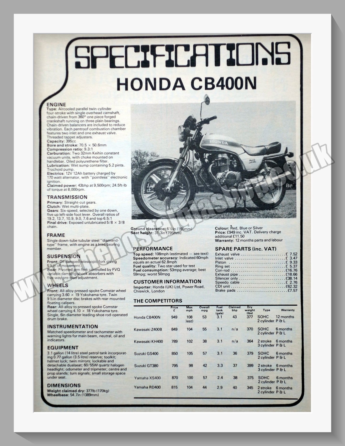 Honda CB400N Motorcycle Specification. 1978 Original advert (ref AD58236)