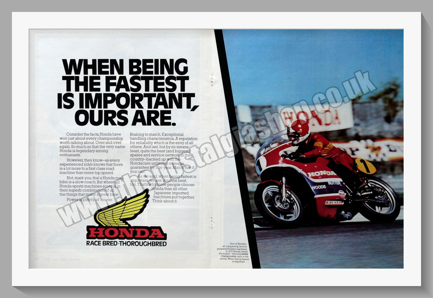 Honda Race Bred Motorcycles. Original Advert 1977 (ref AD58196)