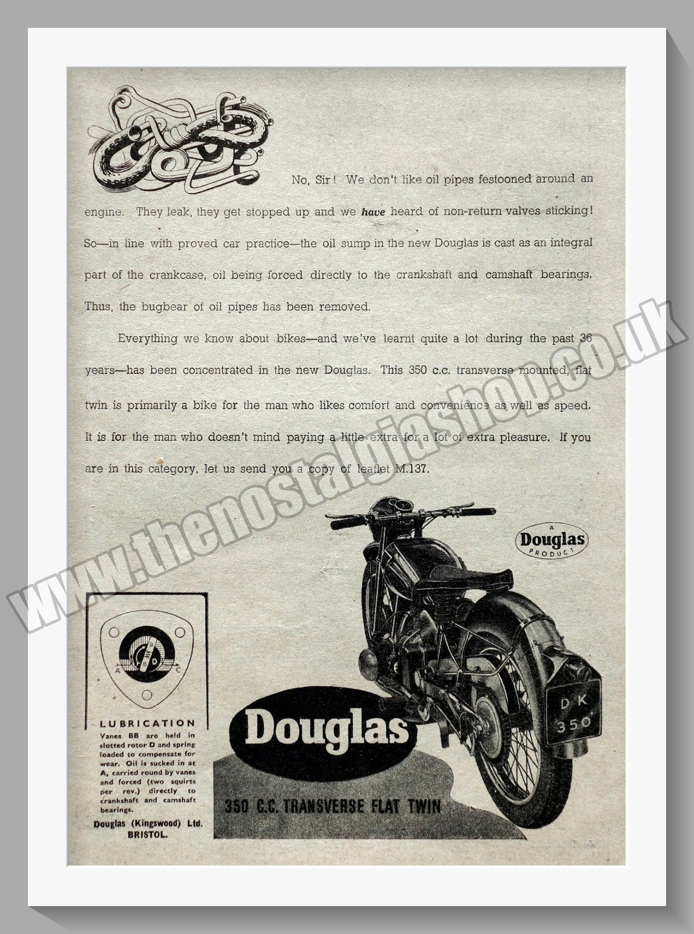 Douglas 350cc Motorcycle. Original advert 1946 (ref AD58352)