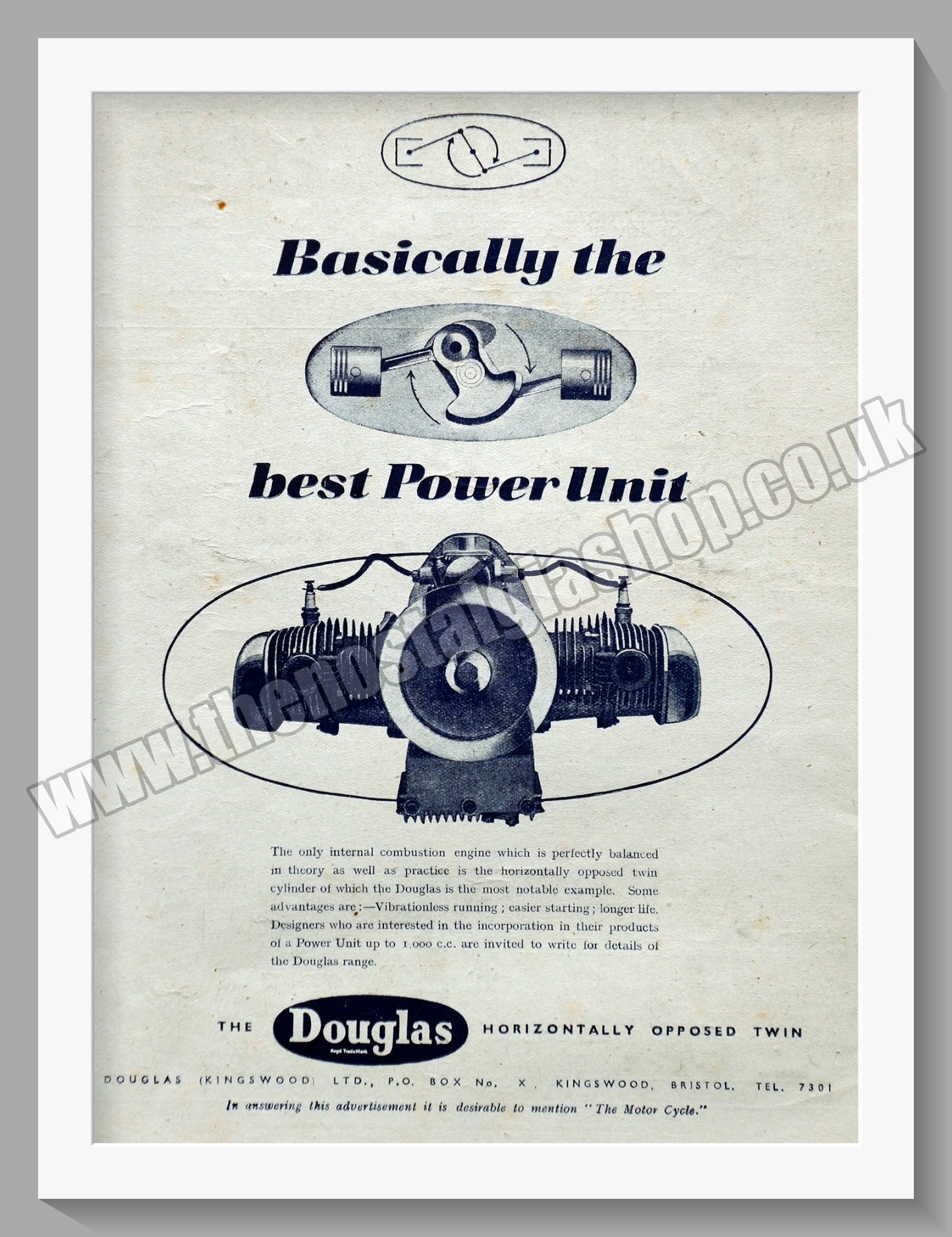 Douglas Motorcycle Engine. Original advert 1945 (ref AD58357)