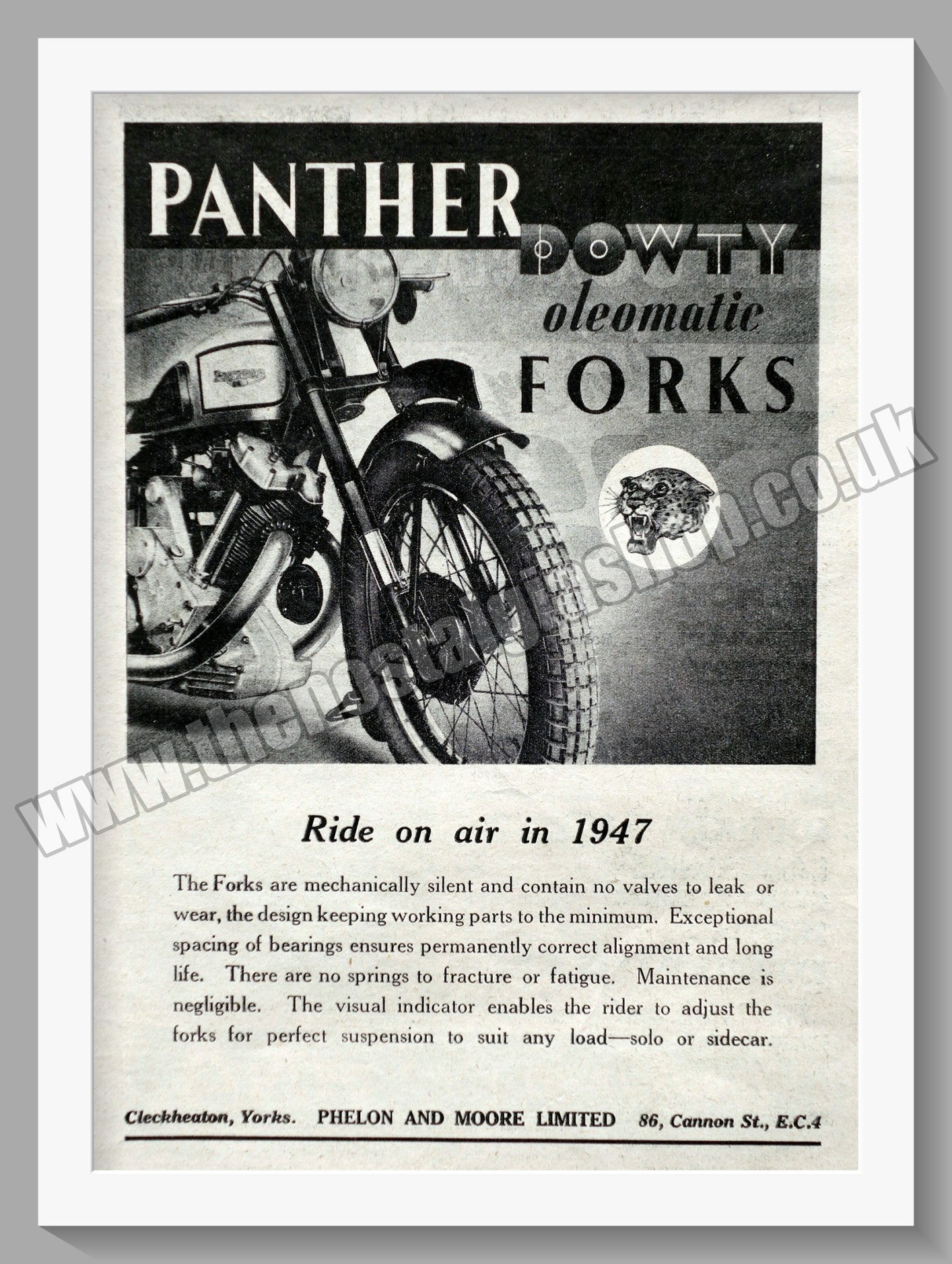 Panther Motorcycles. Dowty Forks. Original Advert 1946 (ref AD58359)