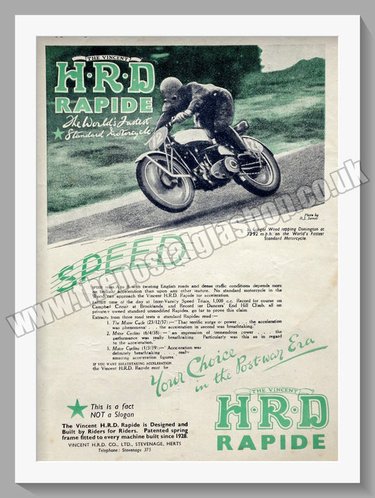 Vincent H.R.D. Rapide Motorcycle. Vintage Advert 1944 (ref AD58365)