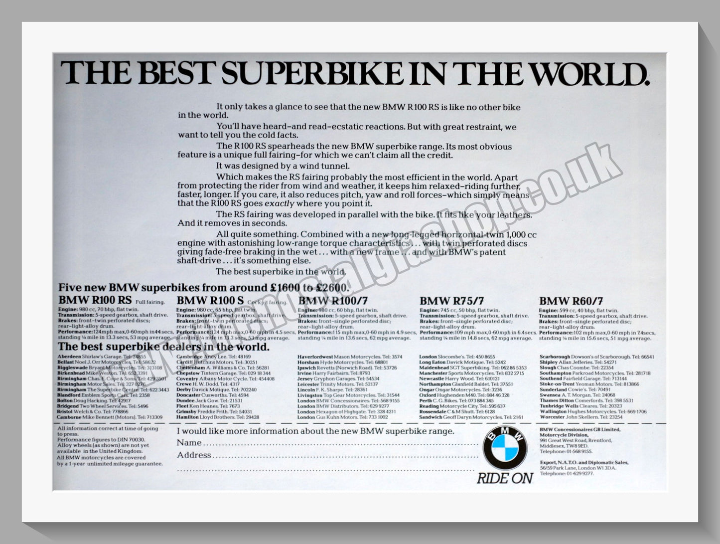 BMW R100RS Motorcycle. 1976 Original Double Advert (ref AD58394)