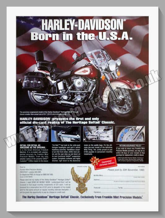 Harley Davidson Softail Motorcycles. Diecast model. Original Advert 1993 (ref AD58459)