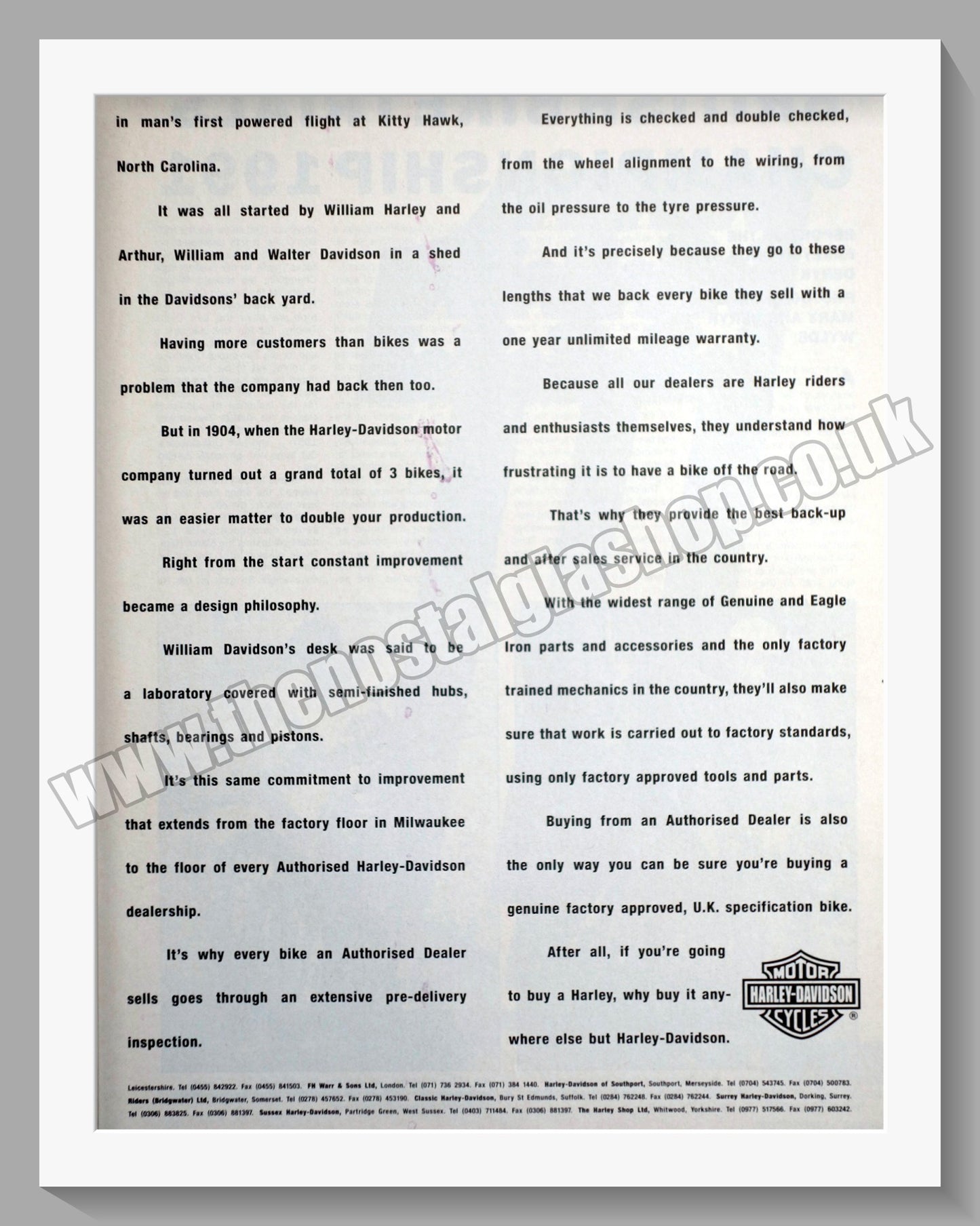 Harley Davidson Motorcycles. Original Double Advert 1991 (ref AD58461)