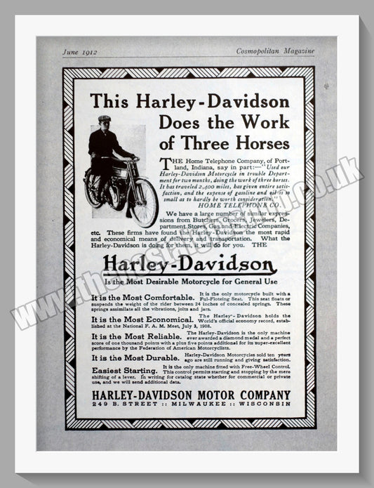 Harley Davidson Motorcycles. Reproduction Advert 1988 (from 1912) (ref AD58406)