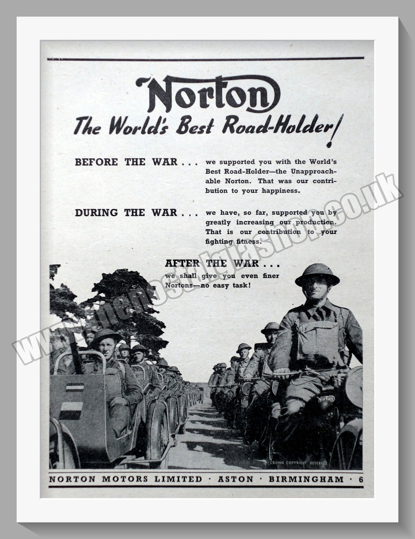 Norton Motorcycles Wartime. Original Advert 1944 (ref AD58424)