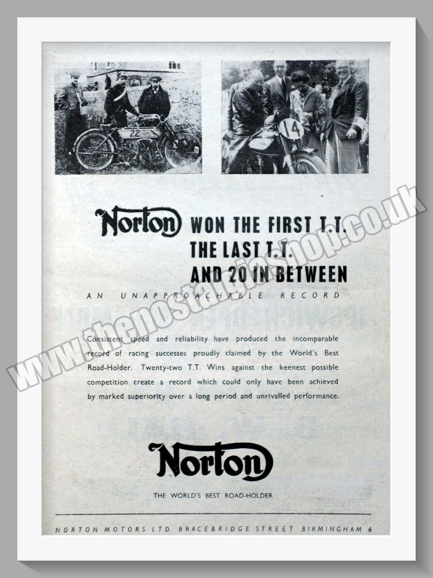 Norton Motorcycles T.T. Wins. Original Advert 1949 (ref AD58465)