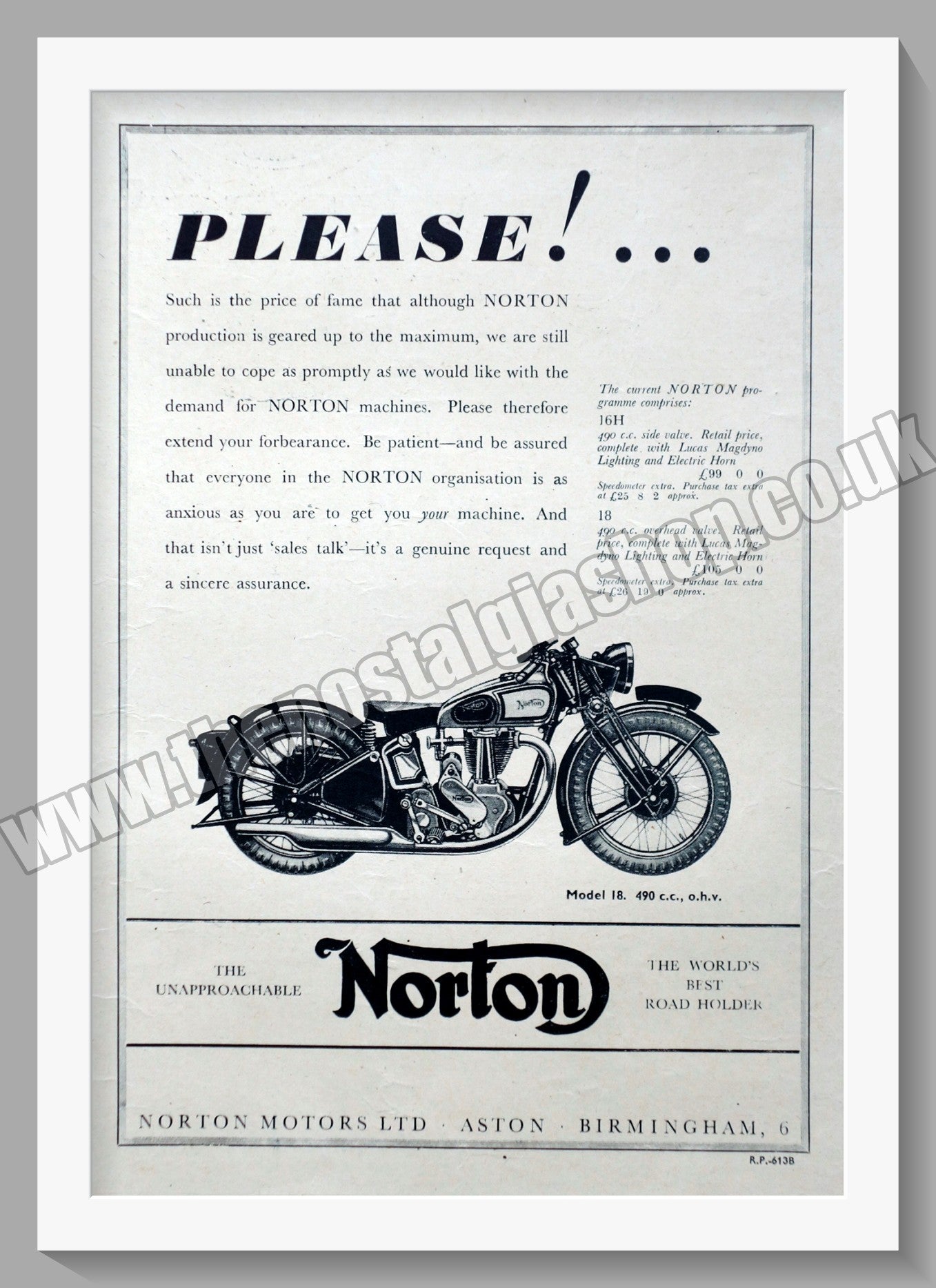 Norton Motorcycles. Original Advert 1945 (ref AD58477)