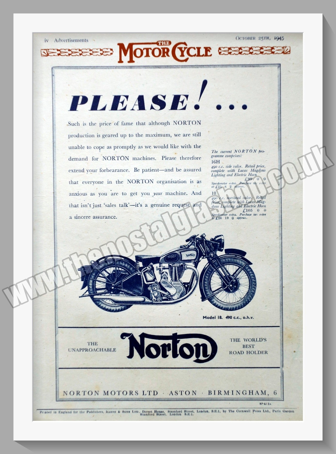 Norton Motorcycles. Original Advert 1945 (ref AD58478)