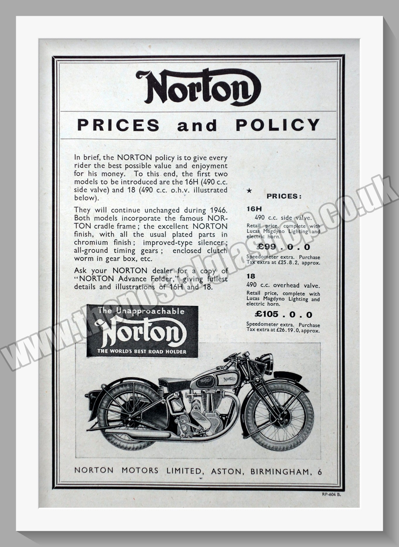 Norton Motorcycles Prices and Policy. Original Advert 1945 (ref AD58479)