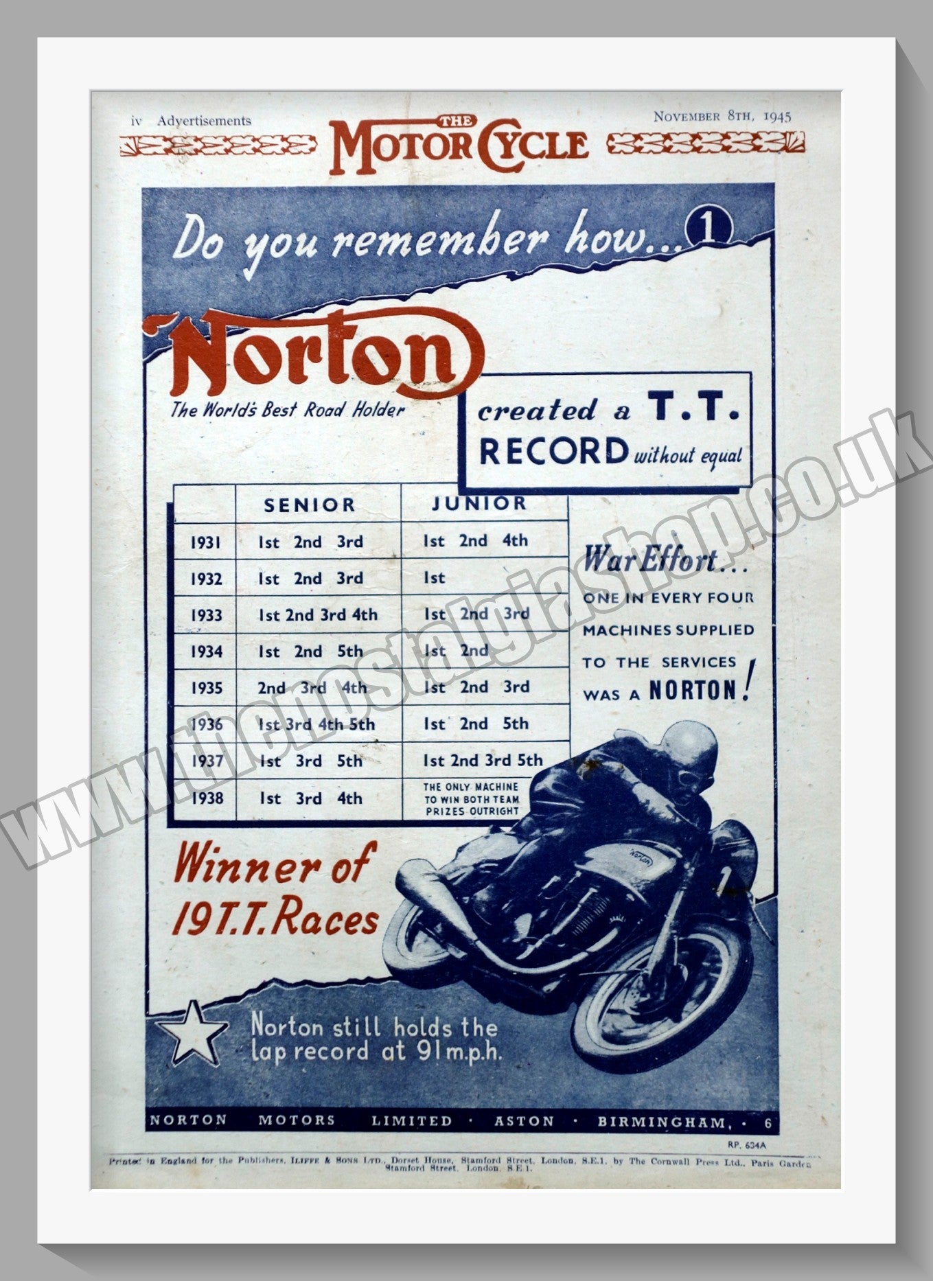 Norton Motorcycles. T.T. Record. Original Advert 1945 (ref AD58481)