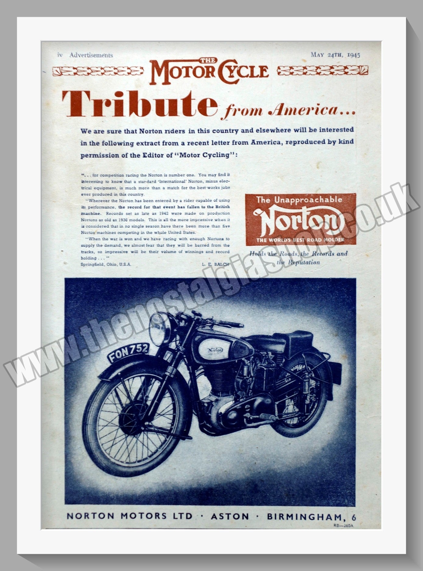 Norton Motorcycles. Tribute from America. Original Advert 1945 (ref AD58483)