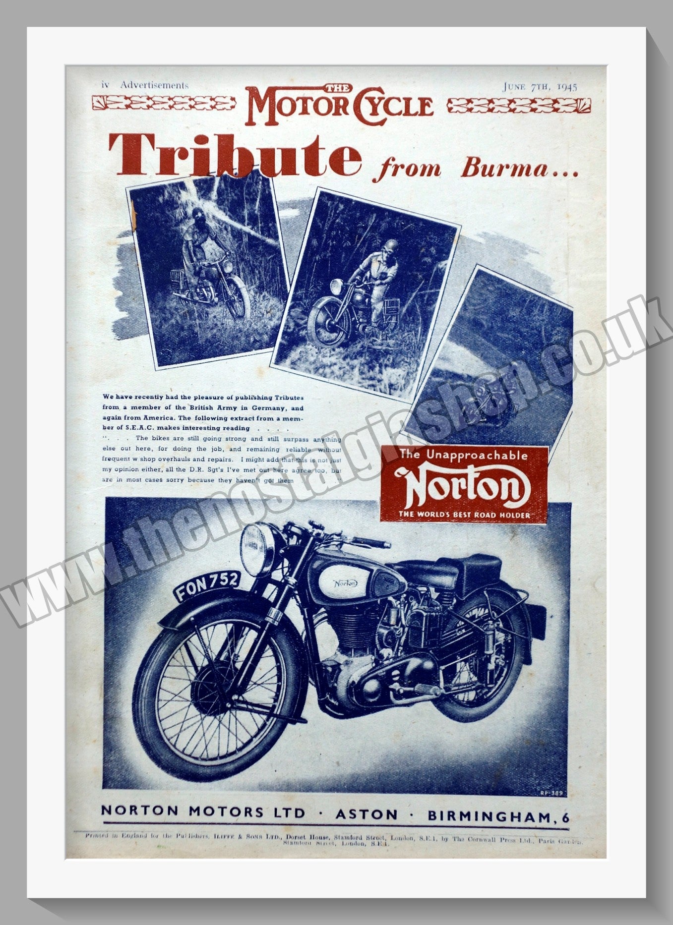 Norton Motorcycles. Tribute from Burma. Original Advert 1945 (ref AD58484)