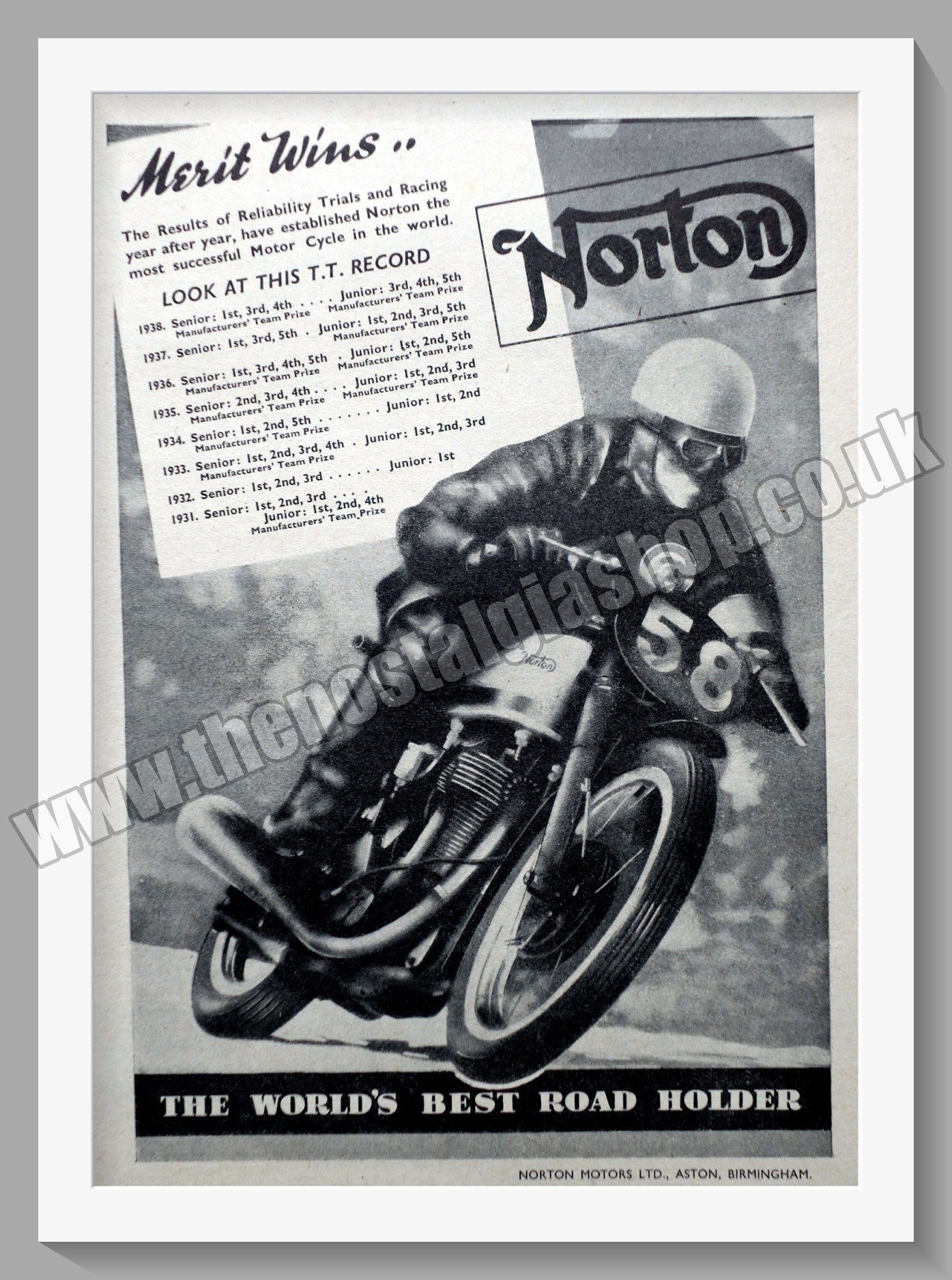 Norton Motorcycles. Winner of 18 T.T. Races. Original Advert 1942 (ref AD58494)