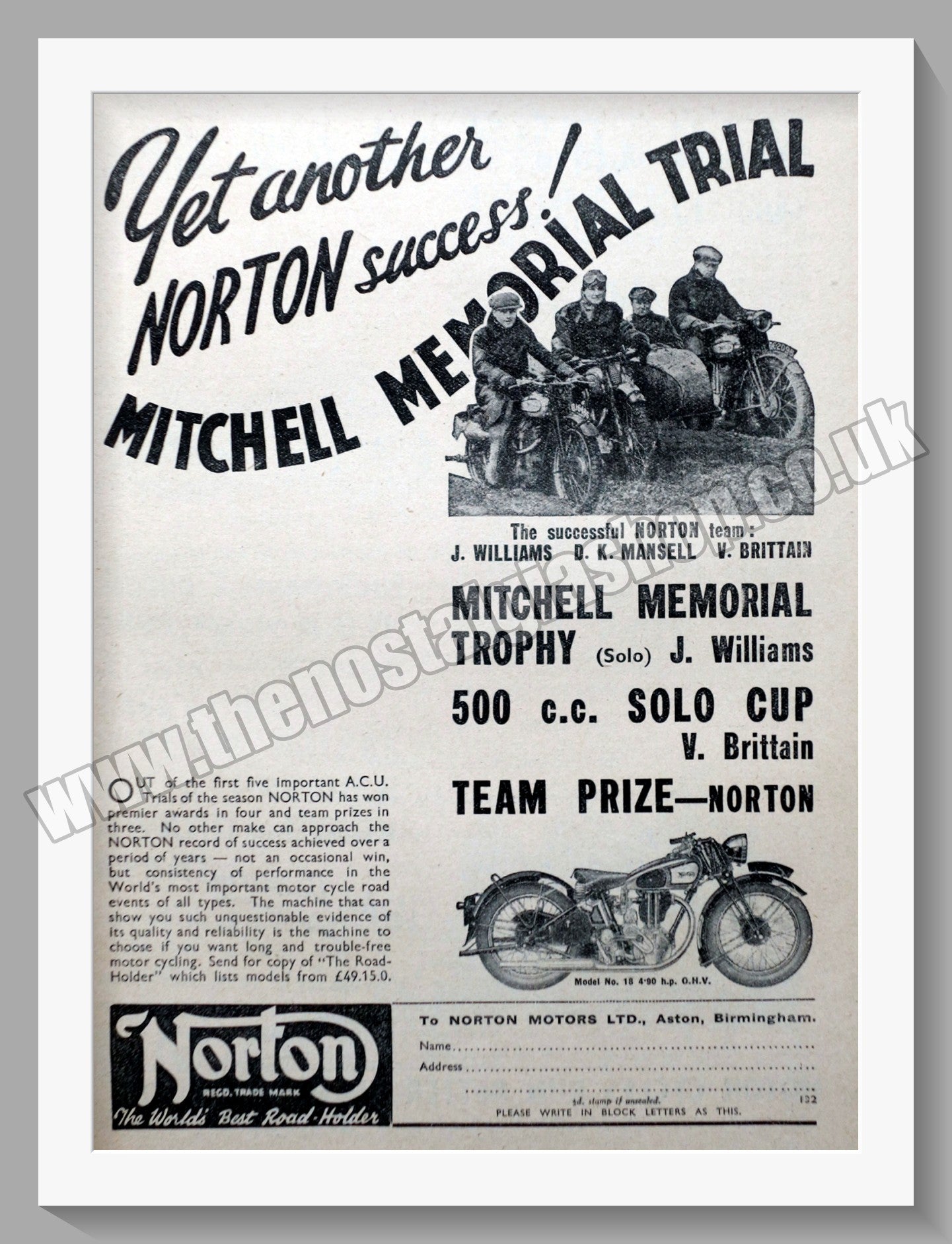 Norton Motorcycles Wins Mitchell Memorial Trial. Original Advert 1936 (ref AD58496)