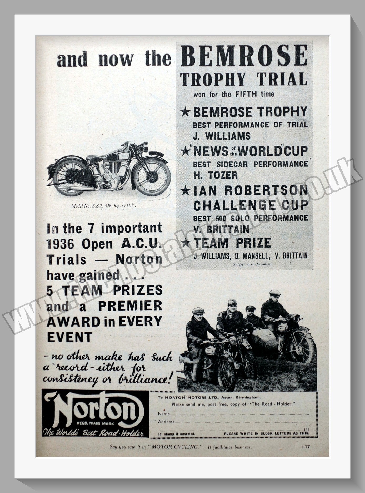 Norton Motorcycles Wins Bemrose Trophy Trial. Original Advert 1936 (ref AD58497)