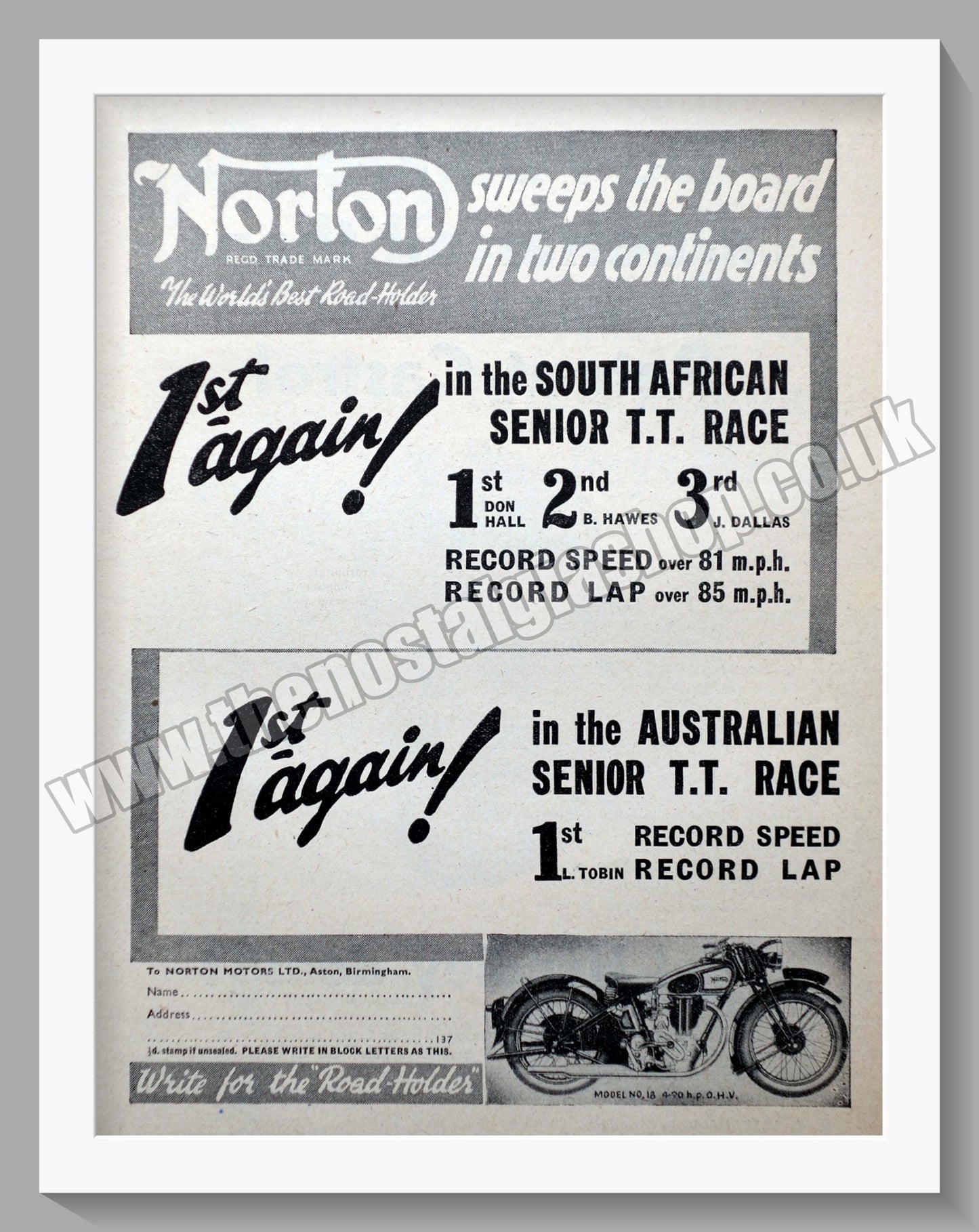 Norton Motorcycles Race Wins. Original Advert 1936 (ref AD58498)