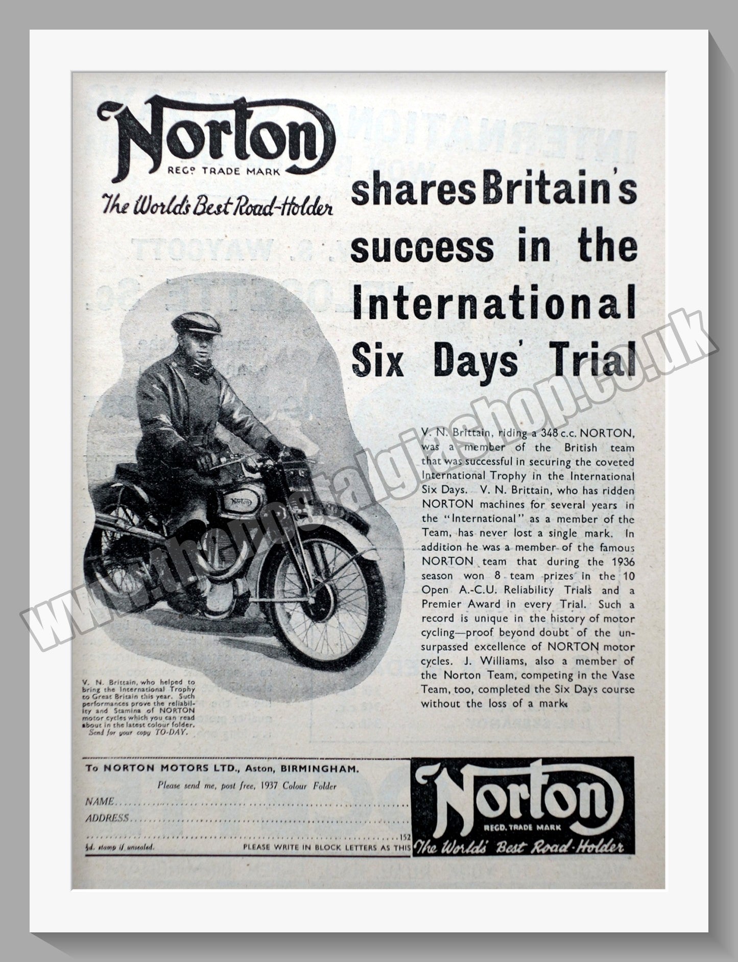 Norton Motorcycles Wins International Six Days Trial. Original Advert 1936 (ref AD58499)
